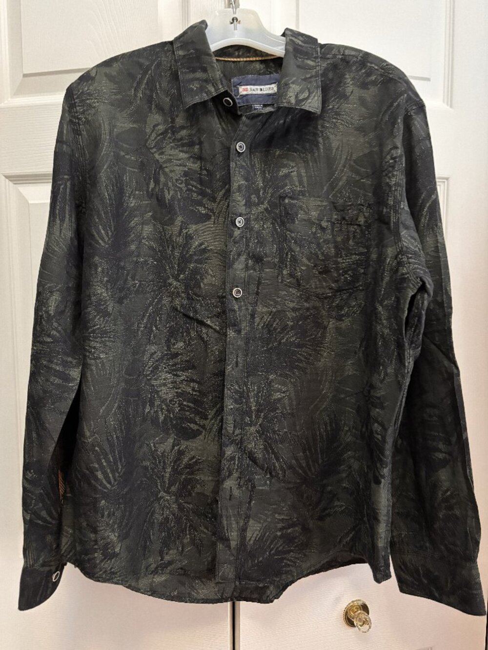 32 Bar Blues Palm Print Button Front Shirt Large Black Olive Long Sleeve